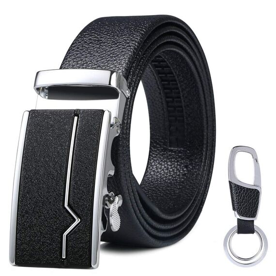 flintronic Herren Gürtel,Hochwertiges Leder material Ratsche Automatik Gürtel für Männer Ledergürtel Breite 3.5cm Länge 127CM-Schwarz (inkl Schlüsselbund & Geschenkbox)