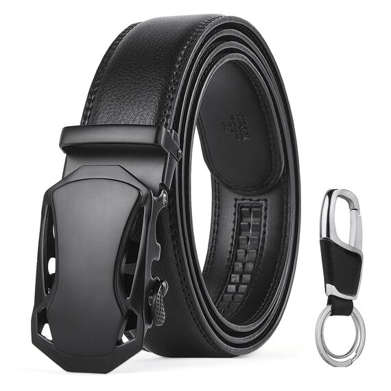 flintronic Herren Gürtel,Hochwertiges Leder material Ratsche Automatik Gürtel für Männer Ledergürtel Breite 3.5cm Länge 144CM-Schwarz (inkl Schlüsselbund & Geschenkbox)