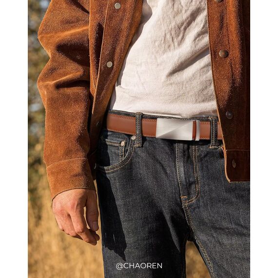 CHAOREN Gürtel Herren - Automatik Ledergürtel ohne Löcher für Herren, Hellbraun, Länge 135cm