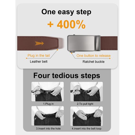 JUKMO Gürtel Herren, Ledergürtel Ratsche Automatikschließe, 35mm Breit Gürtel (Achteck - Dunkelbraun, L-106cm to 115cm Taille Verstellbar (Länge 135cm))