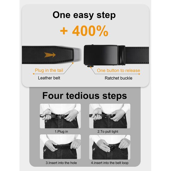 JUKMO Gürtel Herren, Ledergürtel Ratsche Automatikschließe, 35mm Breit Gürtel (Achteck - Schwarz, S-75cm to 90cm Taille Verstellbar (Länge 115cm))