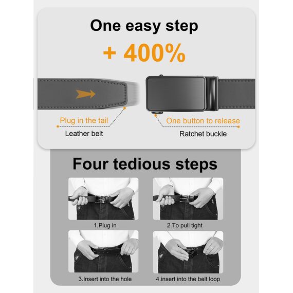 JUKMO Gürtel Herren, Ledergürtel Ratsche Automatikschließe, 35mm Breit Gürtel (Achteck - Grau, S-75cm to 90cm Taille Verstellbar (Länge 115cm))