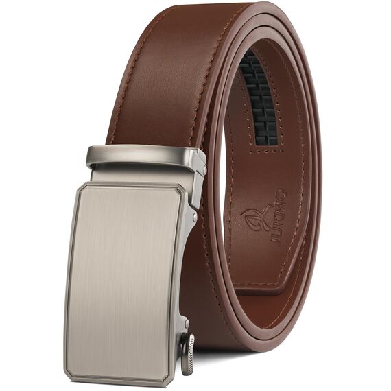 JUKMO Gürtel Herren, Ledergürtel Ratsche Automatikschließe, 35mm Breit Gürtel (Achteck - Braun, L-106cm to 115cm Taille Verstellbar (Länge 135cm))