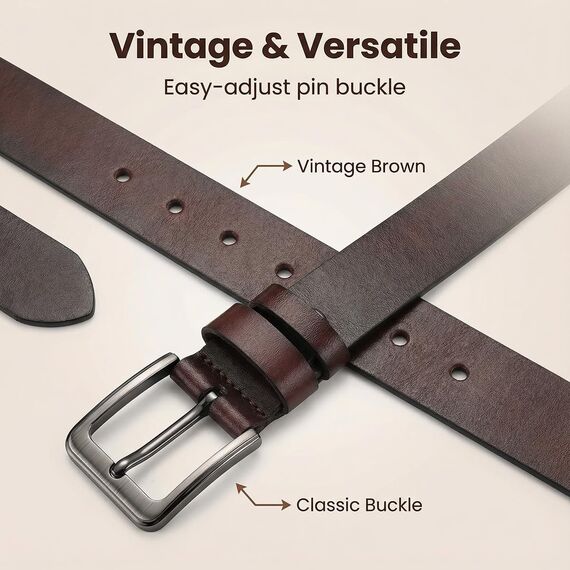 VRLEGEND Ledergürtel Herren 110-175cm Gürtel Leder Jean Business Metall Retro Jeansgürtel Vollrindleder 40mm Breite (170cm, Braun)