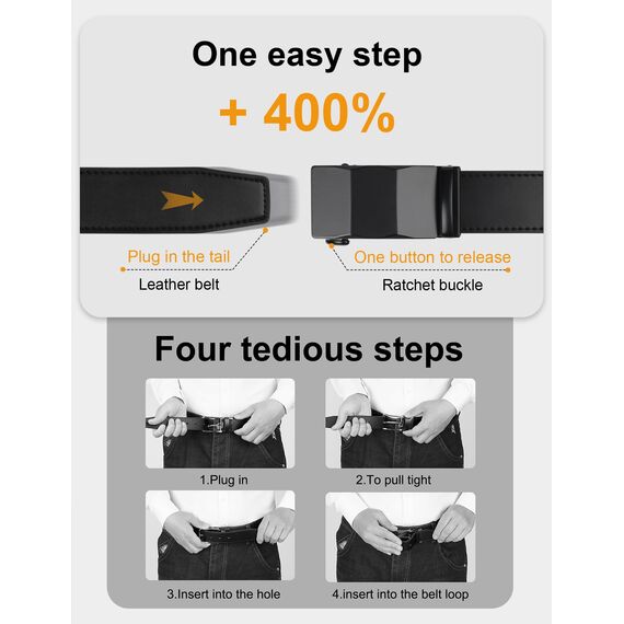 JUKMO Gürtel Herren, Ledergürtel Ratsche Automatikschließe, 35mm Breit Gürtel (Drei Oberflächen - Schwarz, M-91cm to 105cm Taille Verstellbar (Länge 125cm))