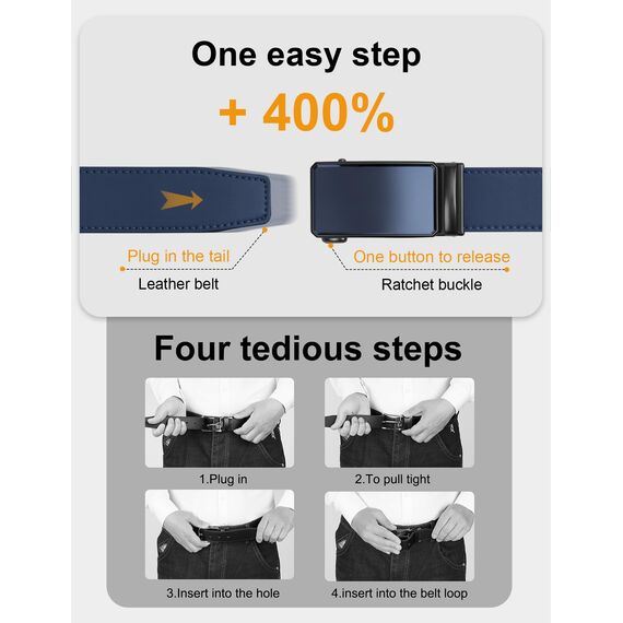 JUKMO Gürtel Herren, Ledergürtel Ratsche Automatikschließe, 35mm Breit Gürtel (Achteck - Blau, S-75cm to 90cm Taille Verstellbar (Länge 115cm))