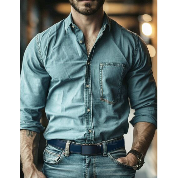 JUKMO Gürtel Herren, Ledergürtel Ratsche Automatikschließe, 35mm Breit Gürtel (Achteck - Blau, M-91cm to 105cm Taille Verstellbar (Länge 125cm))