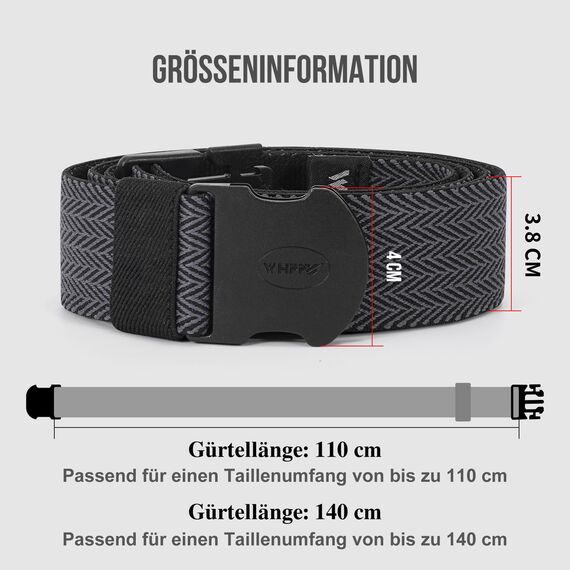 WHIPPY Elastischer Gürtel Herren Verstellbarer Outdoor Stretchgürtel Unisex Arbeitsgürtel für Damen Herren Stoffgürtel mit Kunststoffschnalle,Schwarzgrau 110cm