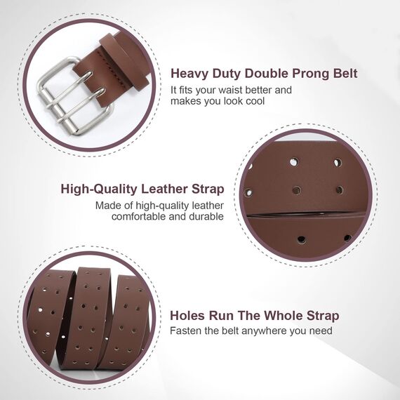 JasGood Herren Doppel Prong Ledergürtel Casual Work Heavy Duty Gürtel Doppel Ösen Gürtel für Jeans