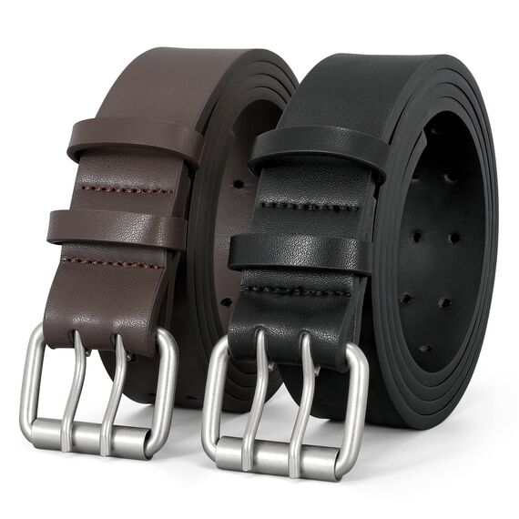 JasGood 2 StückHerren Doppel Prong Ledergürtel Casual Work Heavy Duty Gürtel Doppel Ösen Gürtel für Jeans