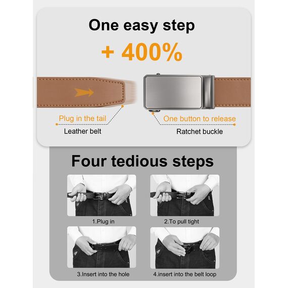 JUKMO Gürtel Herren, Ledergürtel Ratsche Automatikschließe, 35mm Breit Gürtel (Achteck - Hellbraun, XL-116cm to 125cm Taille Verstellbar (Länge 145cm))