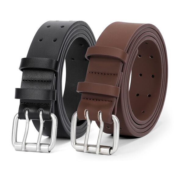 JasGood 2 StückHerren Doppel Prong Ledergürtel Casual Work Heavy Duty Gürtel Doppel Ösen Gürtel für Jeans