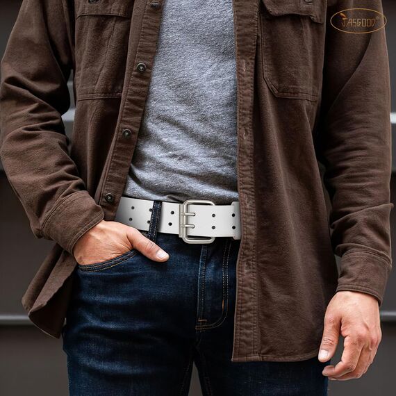 JasGood Herren Doppel Prong Ledergürtel Casual Work Heavy Duty Gürtel Doppel Ösen Gürtel für Jeans