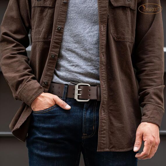 JasGood Herren Doppel Prong Ledergürtel Casual Work Heavy Duty Gürtel Doppel Ösen Gürtel für Jeans