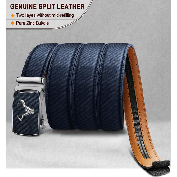 KEMISANT Gürtel Herren, Ratsche Automatikschließe Ledergürtel für Business Anzug, Breit 35mm, Größe Angepasst (Navy Blau-115cm/32-38" Taille Verstellbar)