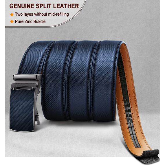 KEMISANT Gürtel Herren, Ledergürtel Ratsche Automatikschließe für Herren Business Anzug,Breit 35mm,Größe Angepasst(Navy Blau-125cm/36-42" taille verstellbar)
