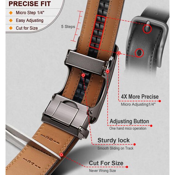 KEMISANT Gürtel Herren, Ledergürtel Ratsche Automatikschließe für Herren Business Anzug,Breit 35mm,Größe Angepasst(Orangebraun,110cm/30-36" taille verstellbar)