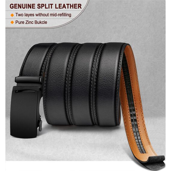 KEMISANT Gürtel Herren, Ledergürtel Ratsche Automatikschließe für Herren Business Anzug,Breit 35mm,Größe Angepasst(Schwarz-140cm/42-48" taille verstellbar)