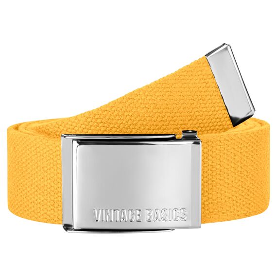 VINTAGE BASICS Unisex Stoffgürtel 130cm lang - 3,8cm breit - Herren und Damen Gürtel - Stufenlos verstellbarer Canvas Belt - Metallschnalle Gelb