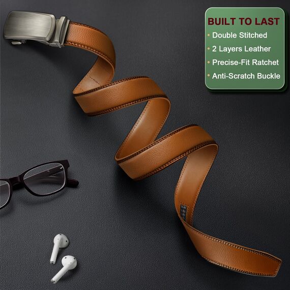 KEMISANT Gürtel Herren, Ledergürtel Ratsche Automatikschließe für Herren Business Anzug,Breit 35mm,Größe Angepasst(Orangebraun,160cm/48-56" taille verstellbar)
