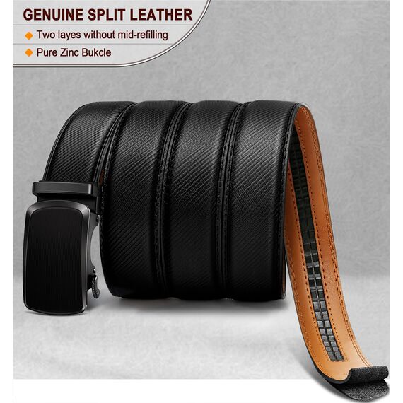 KEMISANT Gürtel Herren, Ledergürtel Ratsche Automatikschließe für Herren Business Anzug,Breit 35mm,Größe Angepasst(Schwarz-140cm/42-48" taille verstellbar)