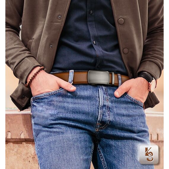 KEMISANT Gürtel Herren, Ledergürtel Ratsche Automatikschließe für Herren Business Anzug,Breit 35mm,Größe Angepasst(Orangebraun,140cm/42-48" taille verstellbar)