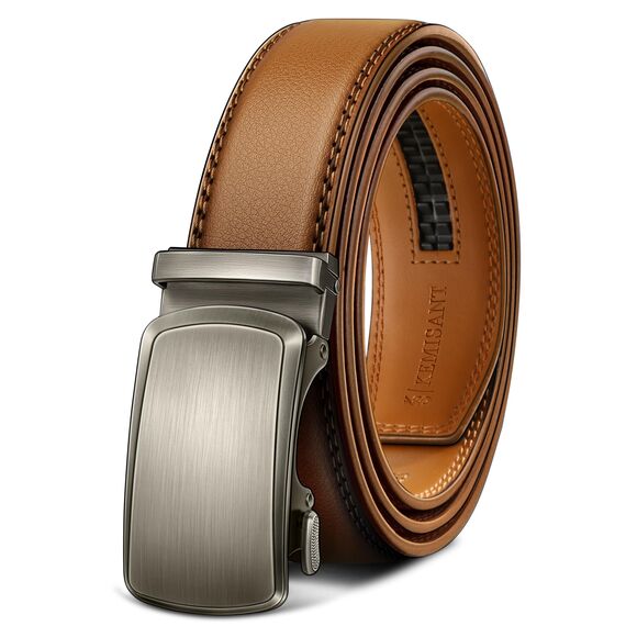 KEMISANT Gürtel Herren, Ledergürtel Ratsche Automatikschließe für Herren Business Anzug,Breit 35mm,Größe Angepasst(Orangebraun,160cm/48-56" taille verstellbar)
