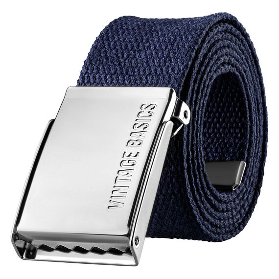 VINTAGE BASICS Unisex Stoffgürtel 130cm lang - 3,8cm breit - Herren und Damen Gürtel - Stufenlos verstellbarer Canvas Belt - Metallschnalle Blau