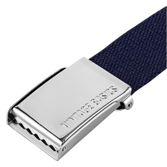 VINTAGE BASICS Unisex Stoffgürtel 130cm lang - 3,8cm breit - Herren und Damen Gürtel - Stufenlos verstellbarer Canvas Belt - Metallschnalle Blau