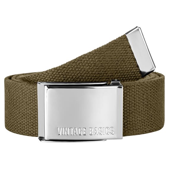 VINTAGE BASICS Unisex Stoffgürtel 130cm lang - 3,8cm breit - Herren und Damen Gürtel - Stufenlos verstellbarer Canvas Belt - Metallschnalle Grün/Military Olive