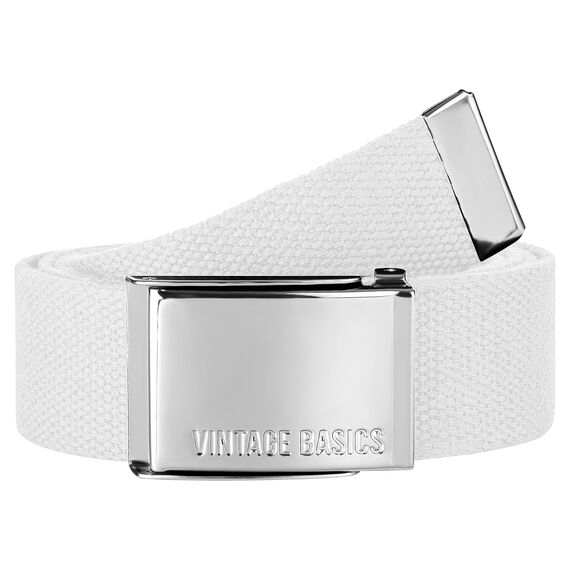 VINTAGE BASICS Unisex Stoffgürtel 130cm lang - 3,8cm breit - Herren und Damen Gürtel - Stufenlos verstellbarer Canvas Belt - Metallschnalle Weiß
