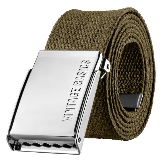 VINTAGE BASICS Unisex Stoffgürtel 130cm lang - 3,8cm breit - Herren und Damen Gürtel - Stufenlos verstellbarer Canvas Belt - Metallschnalle Grün/Military Olive