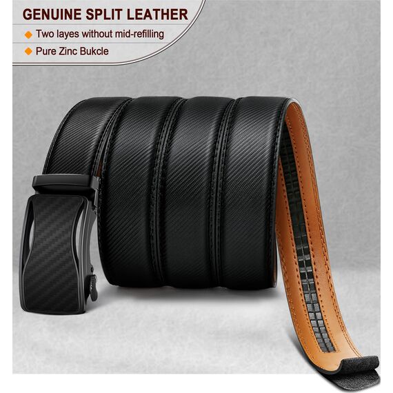 KEMISANT Gürtel Herren, Ledergürtel Ratsche Automatikschließe für Herren Business Anzug, 35mm Breit Gürtel,Größe Angepasst(Schwarz,110cm/30-36" taille verstellbar)