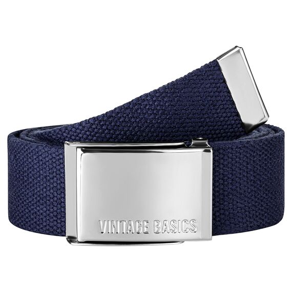 VINTAGE BASICS Unisex Stoffgürtel 130cm lang - 3,8cm breit - Herren und Damen Gürtel - Stufenlos verstellbarer Canvas Belt - Metallschnalle Blau