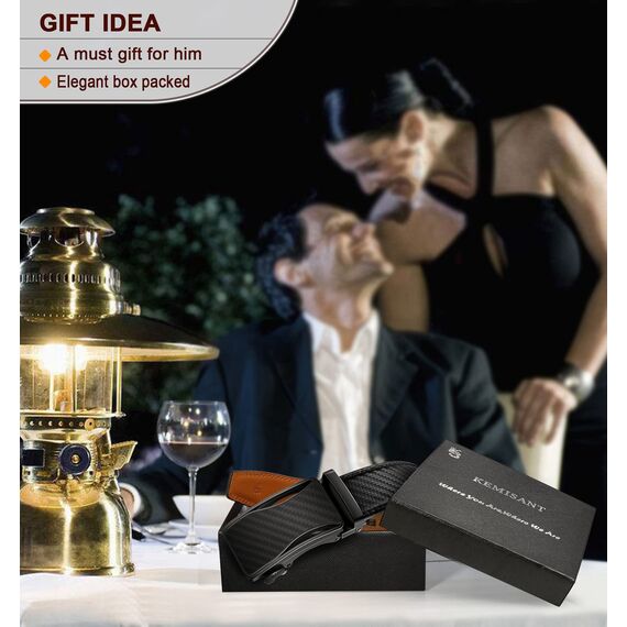 KEMISANT Gürtel Herren, Ledergürtel Ratsche Automatikschließe für Herren Business Anzug, 35mm Breit Gürtel,Größe Angepasst(Schwarz-105cm/28-34" taille verstellbar)