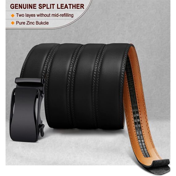 KEMISANT Gürtel Herren, Ledergürtel Ratsche Automatikschließe für Herren Business Anzug, 35mm Breit Gürtel,Größe Angepasst(Schwarz-105cm/28-34" taille verstellbar)