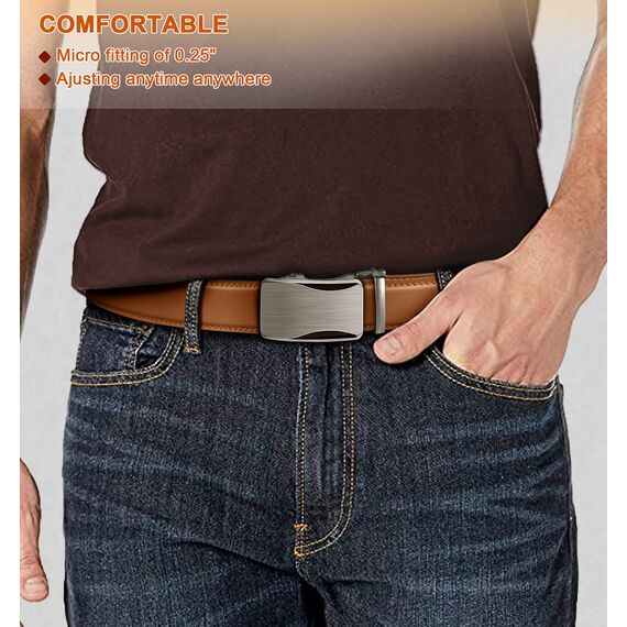 KEMISANT Gürtel Herren, Ledergürtel Ratsche Automatikschließe für Herren Business Anzug, 35mm Breit Gürtel,Größe Angepasst(Orangebraun-105cm/28-34" taille verstellbar)