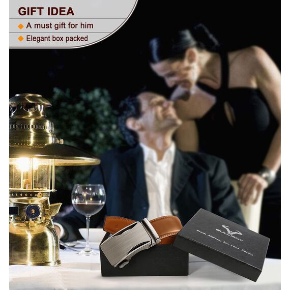 KEMISANT Gürtel Herren, Ledergürtel Ratsche Automatikschließe für Herren Business Anzug, 35mm Breit Gürtel,Größe Angepasst(Orangebraun-115cm/32-38" taille verstellbar)