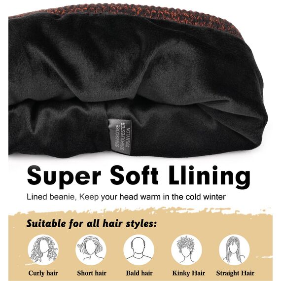 Wmcaps Beanie Mütze, Herren Winter Warme Unisex Wintermütze Strickmütze Dehnbare Weiche Wollmütze mit Bündchen und Dickem Warmem Futter Geschenke für Freundin männer Frauen, Schwarz/Orange