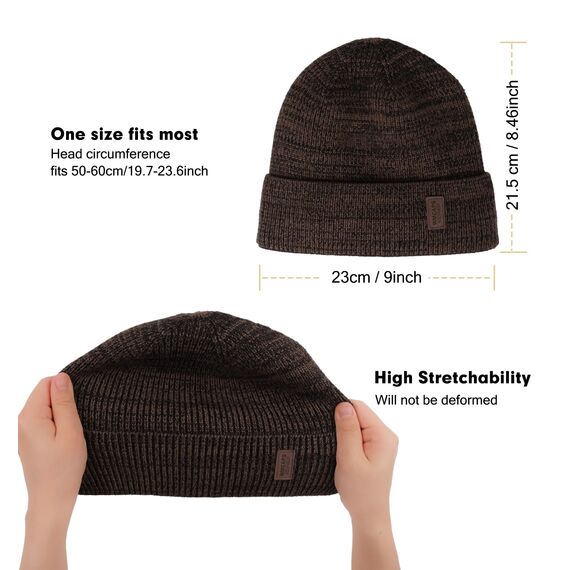 Wmcaps Beanie Mütze, Herren Winter Warme Unisex Wintermütze Strickmütze Dehnbare Weiche Wollmütze mit Bündchen und Dickem Warmem Futter Geschenke für Freundin männer Frauen, Braun/Schwarz