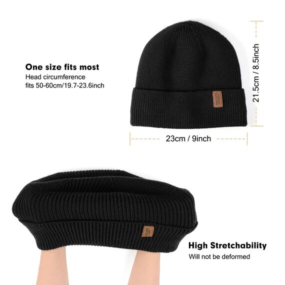 Wmcaps Beanie Mütze, Herren Winter Warme Unisex Wintermütze Strickmütze Dehnbare Weiche Wollmütze mit Bündchen und Dickem Warmem Futter Geschenke für Freundin männer Frauen (Schwarz)