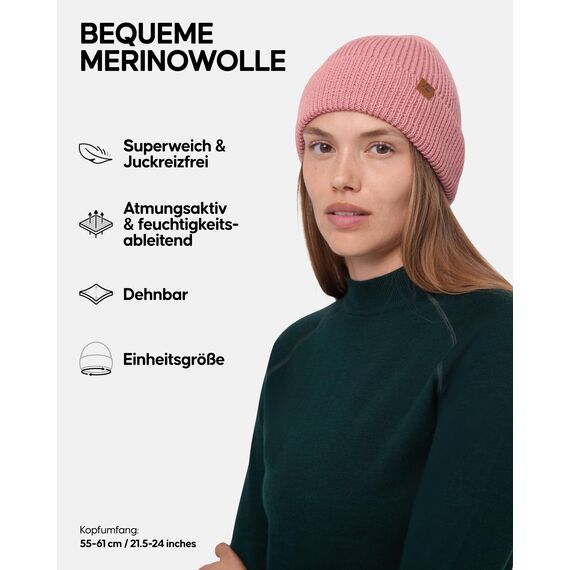 DANISH ENDURANCE Merino Mütze, Klassische Wollmütze, Warme Wintermütze, Thermo Beanie, Unisex, für Damen & Herren, Rosa, One Size