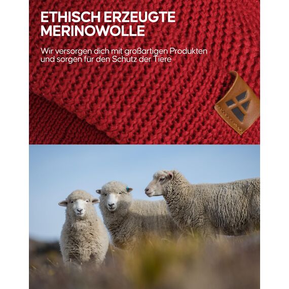 DANISH ENDURANCE Merino Mütze, Klassische Wollmütze, Warme Wintermütze, Thermo Beanie, Unisex, für Damen & Herren, Rot, One Size
