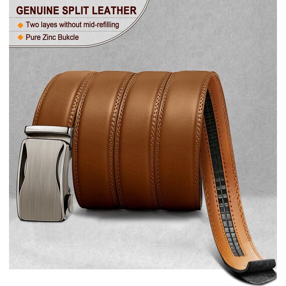 KEMISANT Gürtel Herren, Ledergürtel Ratsche Automatikschließe für Herren Business Anzug, 35mm Breit Gürtel,Größe Angepasst(Orangebraun-115cm/32-38" taille verstellbar)
