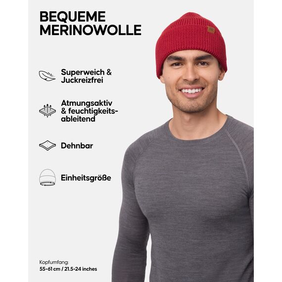 DANISH ENDURANCE Merino Mütze, Klassische Wollmütze, Warme Wintermütze, Thermo Beanie, Unisex, für Damen & Herren, Rot, One Size