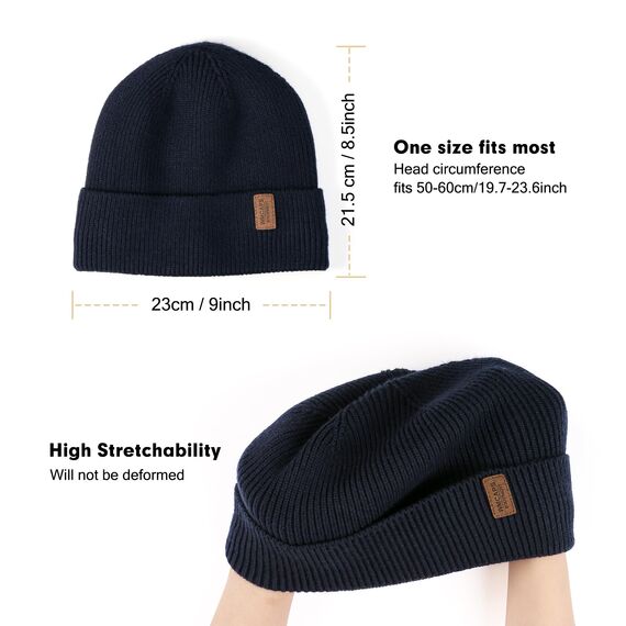 Wmcaps Beanie Mütze, Herren Winter Warme Unisex Wintermütze Strickmütze Dehnbare Weiche Wollmütze mit Bündchen und Dickem Warmem Futter Geschenke für Freundin männer Frauen （Navy Blau)