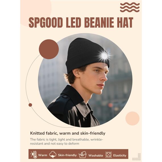 SPGOOD LED Beanie Beleuchtete Mütze mit Licht,Geschenke für Männer Winter Warm LED Mütze, Lampe Laufmütze für Angeln,Jogger,Camping,Laufen(Schwarz)