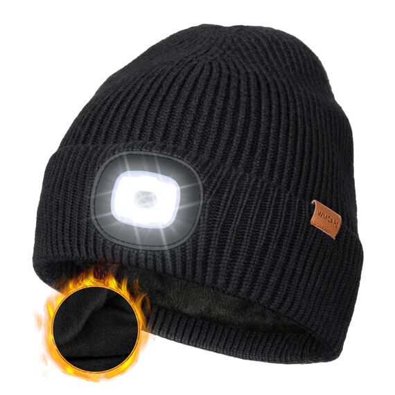 Wmcaps Mütze mit LED Licht, Wintermütze mit Dickem Warmen Futter, Integrierte Beleuchtete Type-C Wiederaufladbare Freisprech-Stirnlampe, Weihnachtsgeschenke Geschenke für Männer Frauen, Schwarz