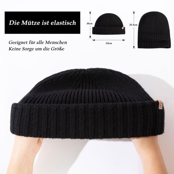 TOP-EX XL/XXL 100% Merino Wolle Fisherman Beanie Trawler Beanie Herren Damen Wintermuetze Strickmuetze Schwarz M/L