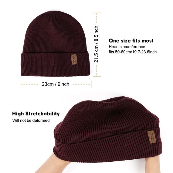 Wmcaps Beanie Mütze, Herren Winter Warme Unisex Wintermütze Strickmütze Dehnbare Weiche Wollmütze mit Bündchen und Dickem Warmem Futter Geschenk für Freundin männer Frauen (Burgunderrot)